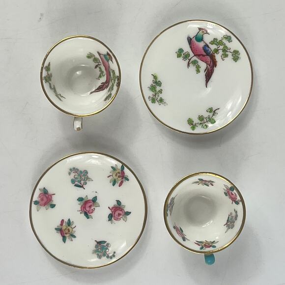 Crown Staffordshire Mini Teacup Saucer Set Floral Bird Gold Bone China England - Picture 2 of 14